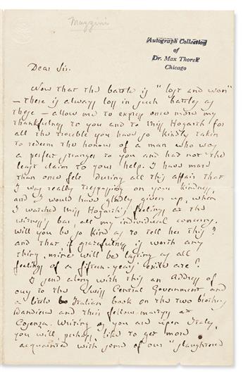 (REVOLUTIONARIES.) MAZZINI, GIUSEPPE. Autograph Letter Signed, Jos[eph] Mazzini, to author Charles Dickens, in English,
